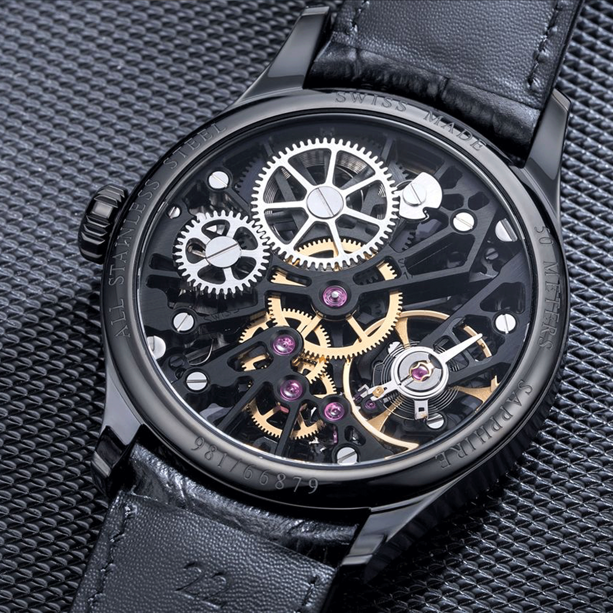 herrenuhr, armbanuhr, skeleton, skelettiert, uhr, herrenarmbanuhr, mechanisch, handaufzug, PVD, schwarz, zeitmesser, chronometrie, aerotwatch, manufaktur, swissmade, juwelier, uhrmacher, uhrwerk, jura, zurich, schweiz