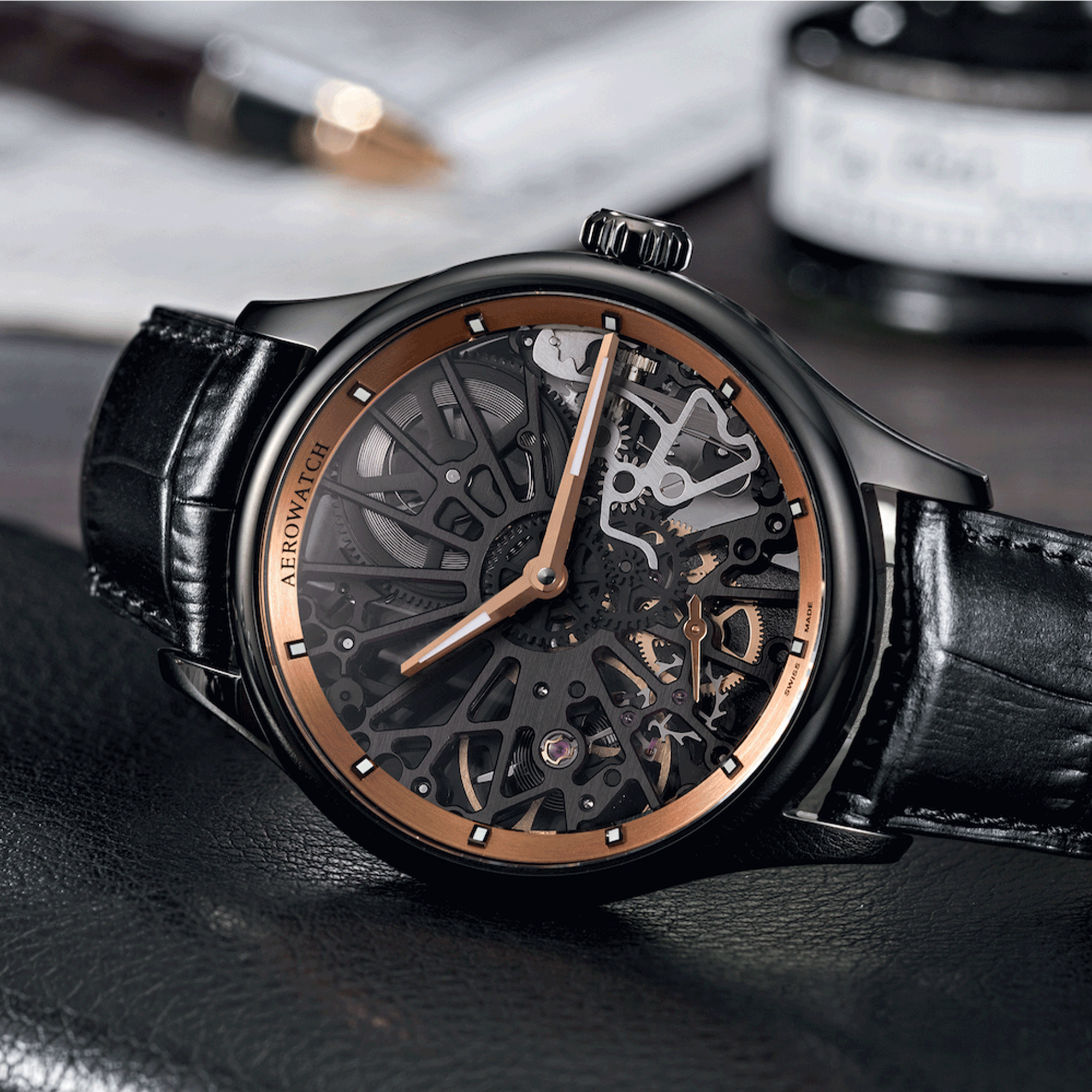 herrenuhr, armbanuhr, skeleton, skelettiert, uhr, herrenarmbanuhr, mechanisch, handaufzug, PVD, schwarz, super luminova, zeitmesser, chronometrie, aerotwatch, manufaktur, swissmade, juwelier, uhrmacher, uhrwerk, jura, zurich, schweiz