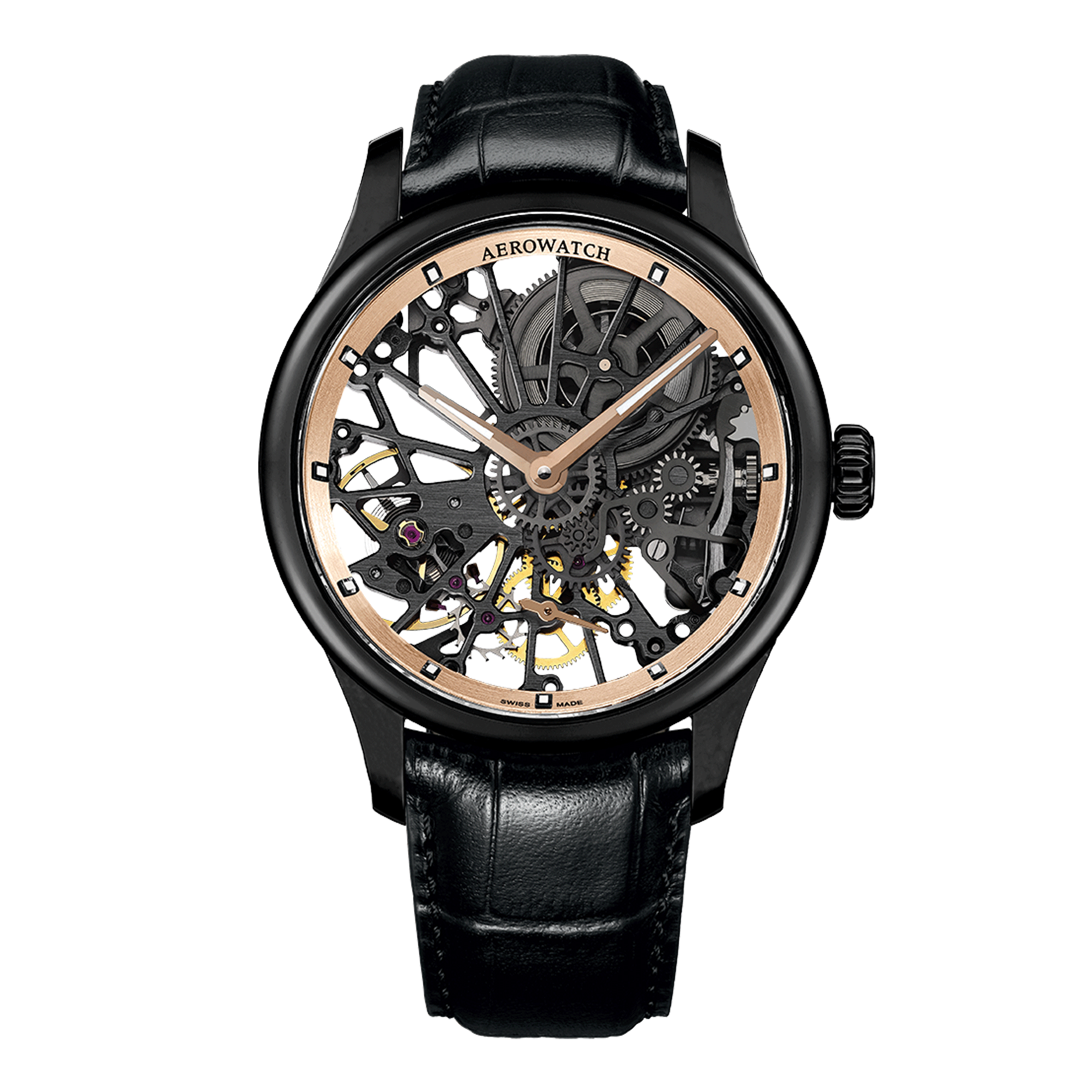 herrenuhr, armbanuhr, skeleton, skelettiert, uhr, herrenarmbanuhr, mechanisch, handaufzug, PVD, schwarz, super luminova, zeitmesser, chronometrie, aerotwatch, manufaktur, swissmade, juwelier, uhrmacher, uhrwerk, jura, zurich, schweiz