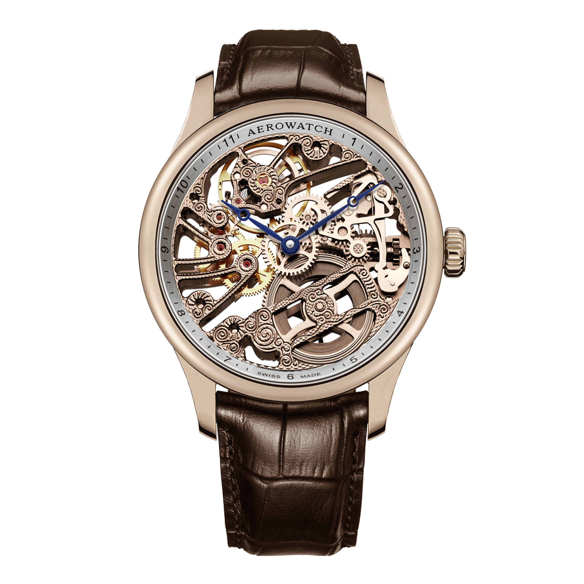 herrenuhr, armbanuhr, skeleton, skelettiert, uhr, herrenarmbanuhr, mechanisch, handaufzug, roségold, handgraviert, dekor, zeitmesser, chronometrie, aerotwatch, manufaktur, swissmade, juwelier, uhrmacher, uhrwerk, jura, zurich, schweiz