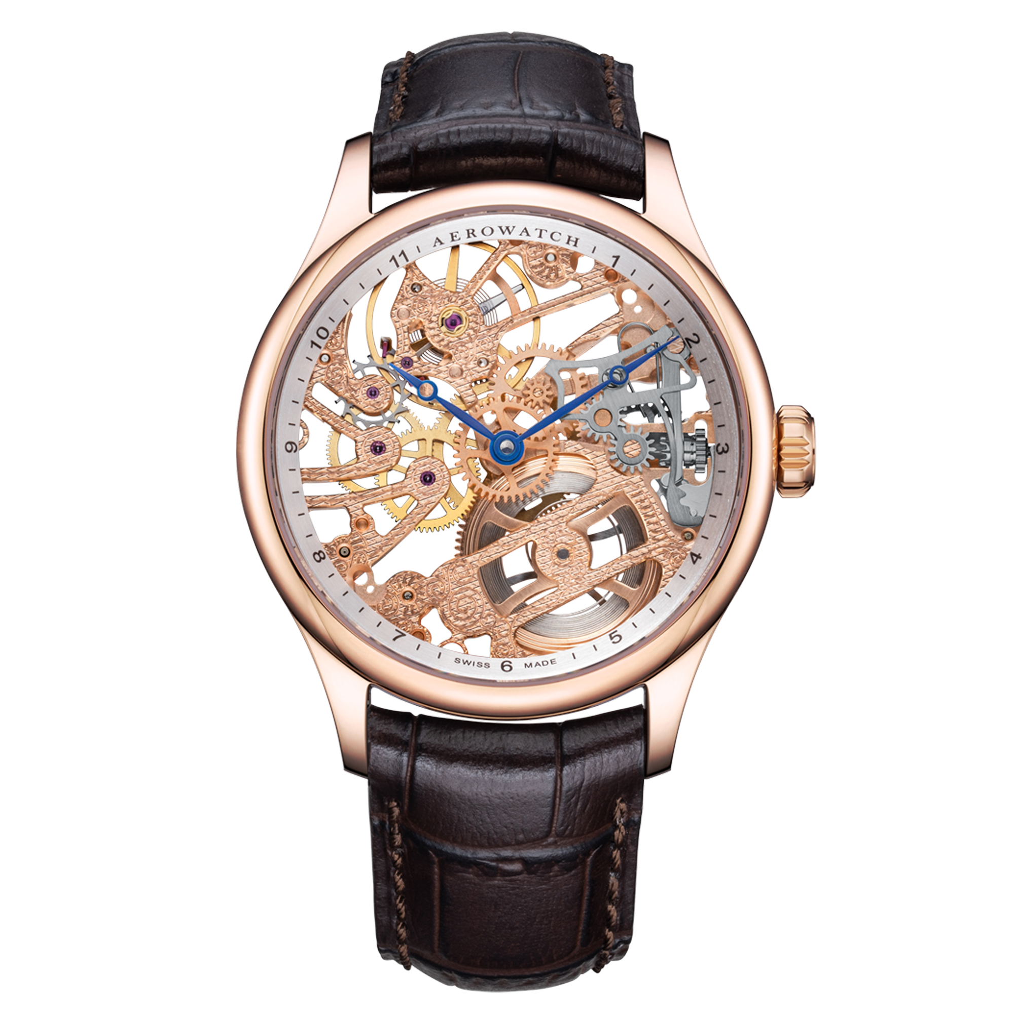 herrenuhr, armbanuhr, skeleton, skelettiert, uhr, herrenarmbanuhr, mechanisch, handaufzug, roségold, handgraviert, dekor, zeitmesser, chronometrie, aerotwatch, manufaktur, swissmade, juwelier, uhrmacher, uhrwerk, jura, zurich, schweiz